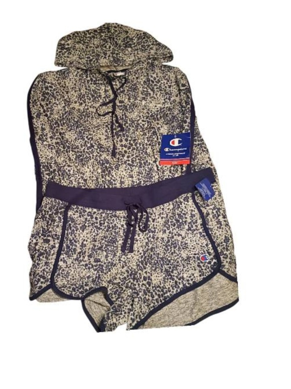 Champion Women's Leopard Print Hoodie & Athletic Shorts - Beige/Blue Size Xl Nwt